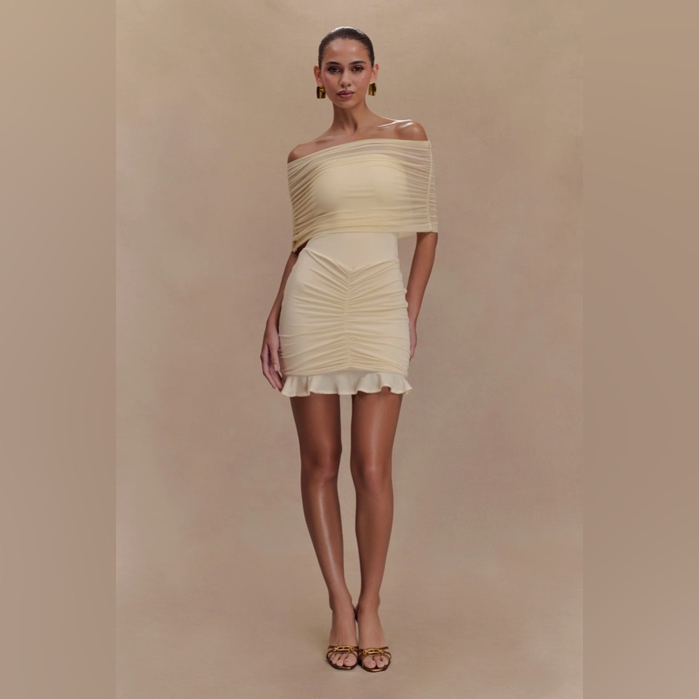NWT Meshki Caspian Slinky And Mesh Off Shoulder Mini Dress - Ivory